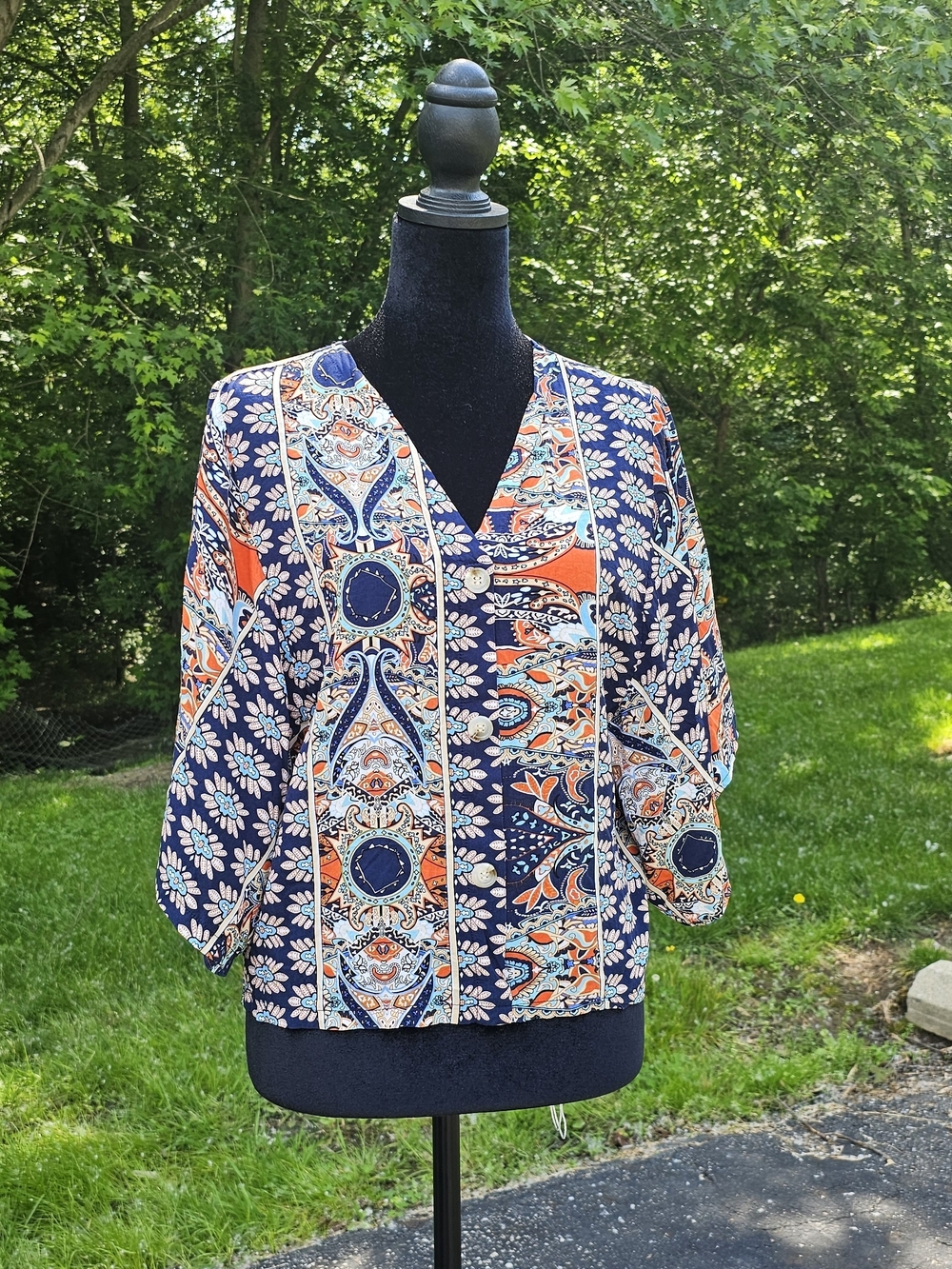 SHEIN Navy and Orange Paisley Floral V-Neck Blouse